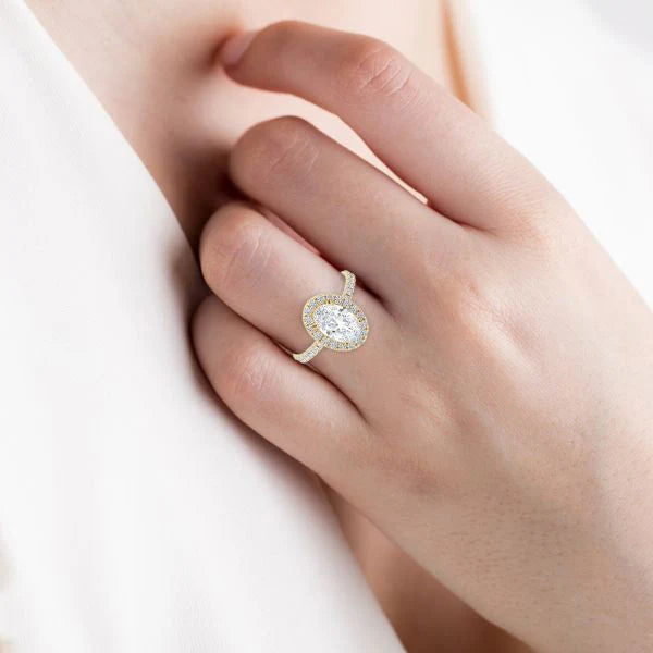 Oval Cut Halo Engagement Ring with Pavé Band YG